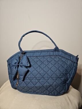 Quilted Denim-Style Tote with Decorative Bow - Blue